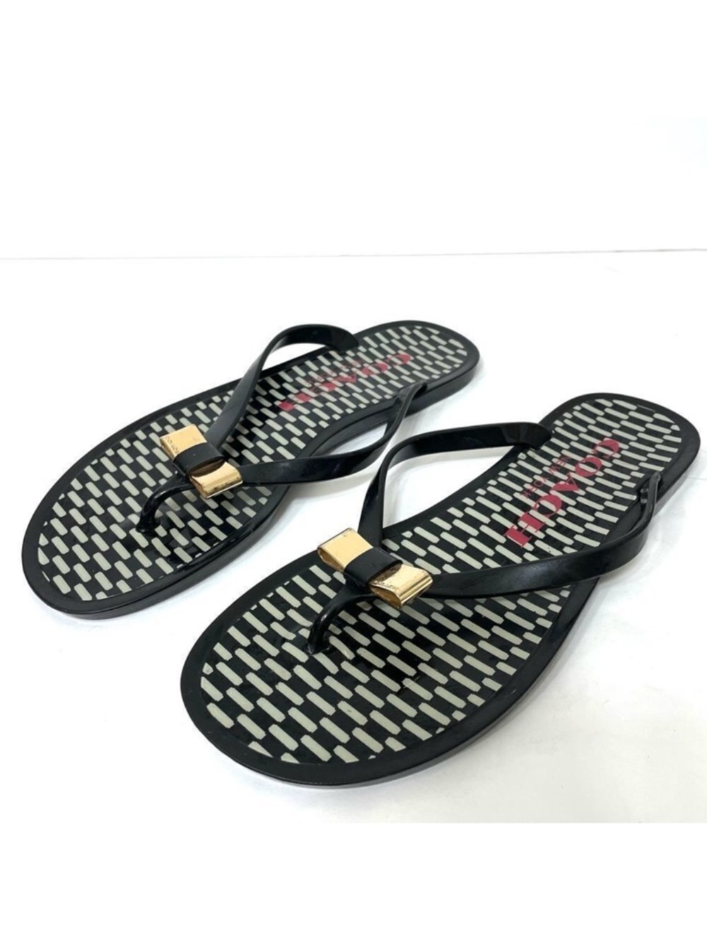 Coach Landon Black Jelly Thong Sandals Flip Flops With Gold Bow Size 6